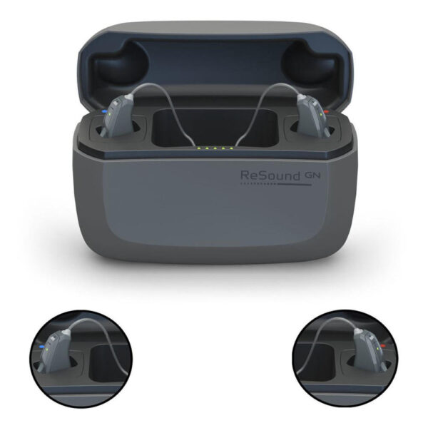 GN Resound Premium Charger Case showing detail of hearing aids in sockets